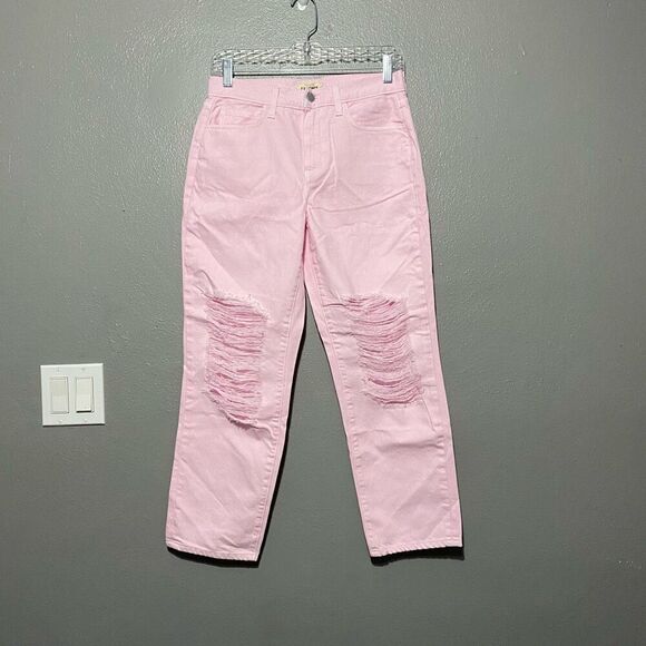 L'Agence Enya Pink High Rise Cropped Slim Distressed Jeans Size 25